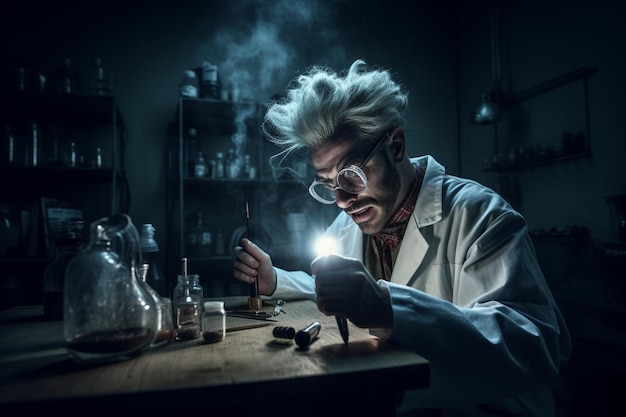 Un homme en blouse de laboratoire travaille sur une table avec une pipette devant lui.