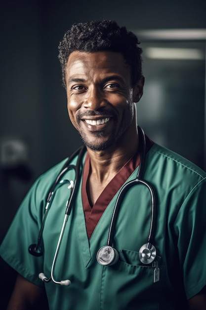 Un homme en blouse verte et un stéthoscope sourit à la caméra.