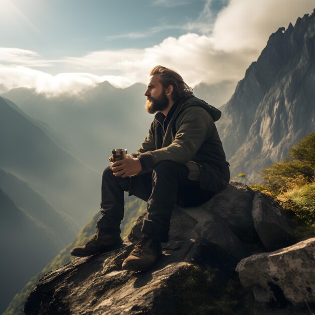 un homme boit du café à la montagne