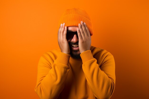 un homme avec un bonnet tricoté orange rit sur fond orange