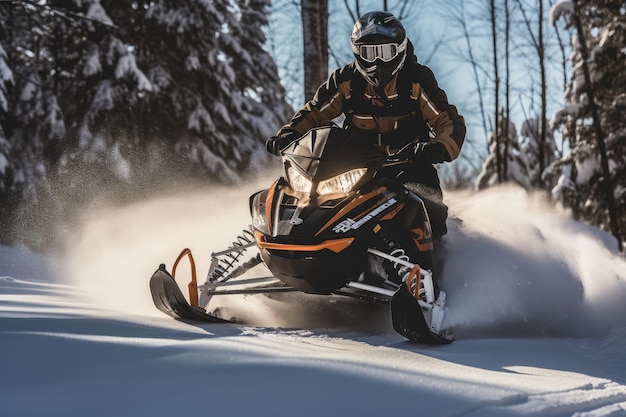 Un homme à bord d'une motoneige sur un sentier enneigé laissant des traces dans la poudre fraîche Capturez le frisson de l'hiver en mettant l'accent sur le pilote39 l'expression joyeuse du sentier de neige