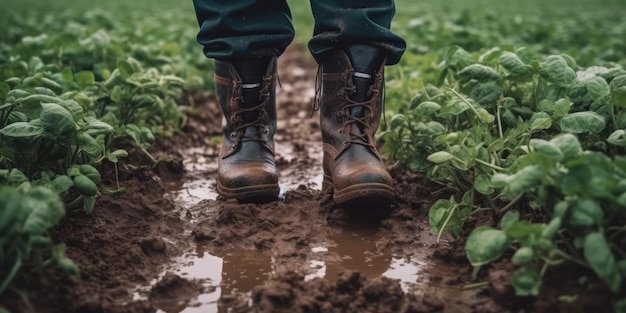 Homme en bottes en caoutchouc sur le champ gros plan récolte photo de haute qualité IA générative