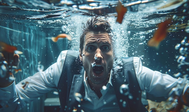 Photo un homme à la bouche ouverte est sous l'eau avec des oranges