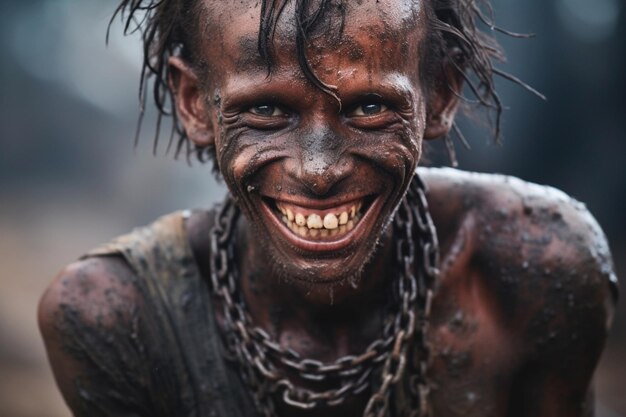 Photo l'homme boueux brille de bonheur l'homme sale porte un large sourire au milieu de la boue