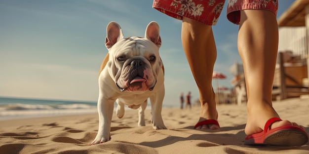 Photo homme avec bouledogue marchant sur la plage generative ai