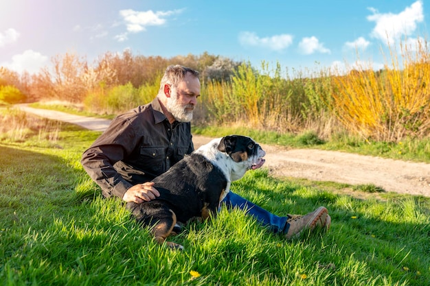 L'homme et les bouledogues britanniques tricolores noirs serrant dans le parc en journée ensoleillée une forte amitié