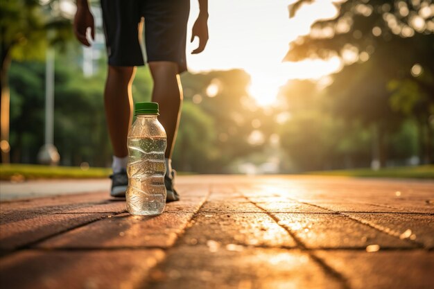 L'homme de la bouteille d'eau noire attache des chaussures pour une course de parc saine promouvant un mode de vie actif