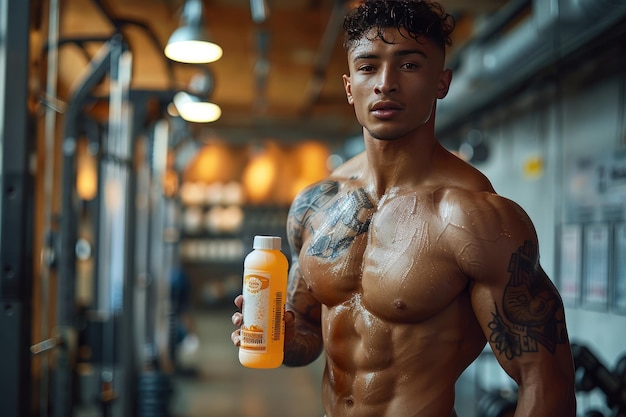 Photo un homme avec une bouteille de gatorade à la main