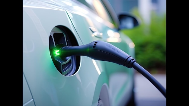 Homme branchant le chargeur dans une voiture électrique à la station de charge