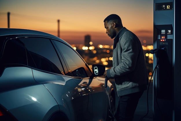 Homme brancher une voiture électrique en charge à la station de charge ev générative ai