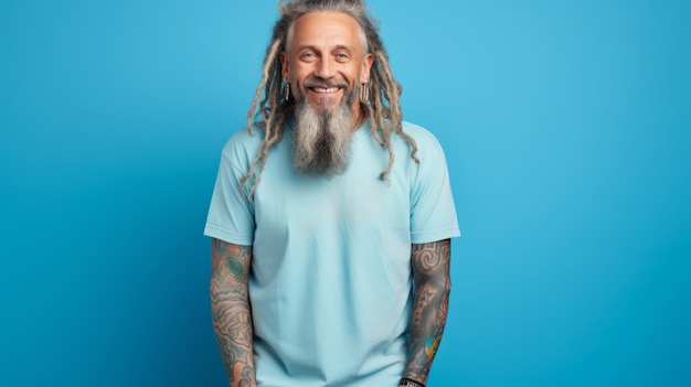 Homme avec des bras de barbe dans des dreadlocks tatoués portant une maquette de t-shirt bleu