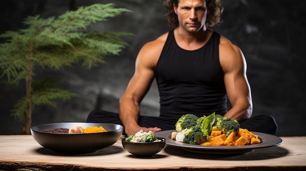 un homme avec les bras croisés et un bol de légumes avec un bol de légumes.