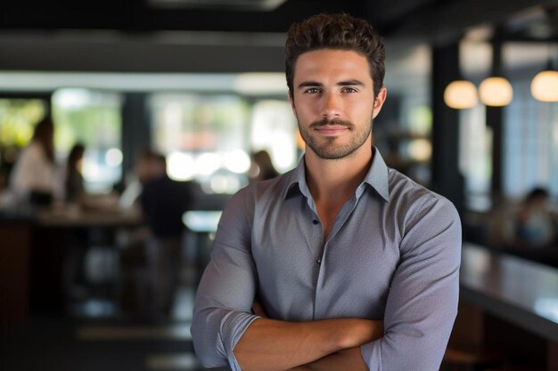 un homme avec les bras croisés devant un bar