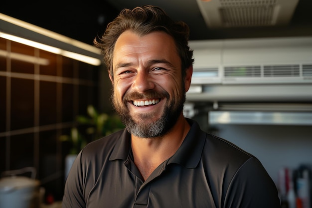 Homme bronzé attrayant avec un sourire vif posant dans un environnement intérieur climatisé