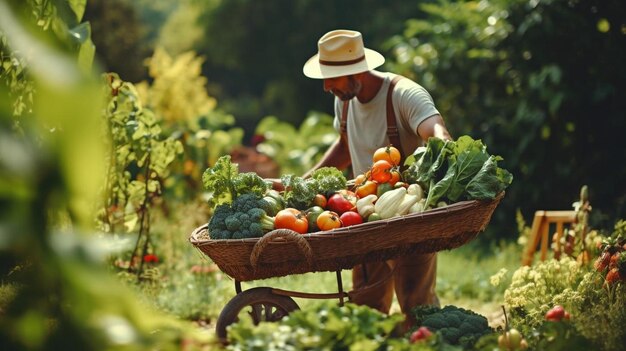 un homme avec une brouette pleine de légumes