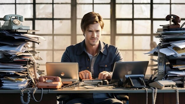 Photo un homme brunet assis à un bureau entouré de gadgets et de papiers.