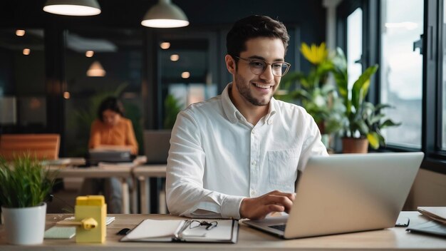 Un homme de bureau joyeux d'une trentaine d'années en chemise blanche assis à son bureau et travaillant sur un ordinateur portable dans un centre d'affaires