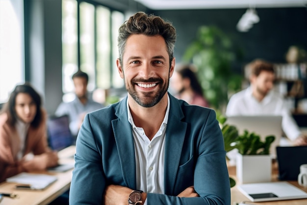 Homme de bureau sourire portrait de travail confiance d'affaires homme d'affaires exécutif professionnel à l'intérieur IA générative