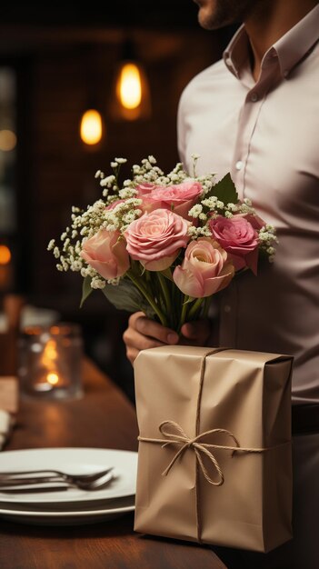 Photo un homme cachant un bouquet de fleurs et une boîte à cadeaux