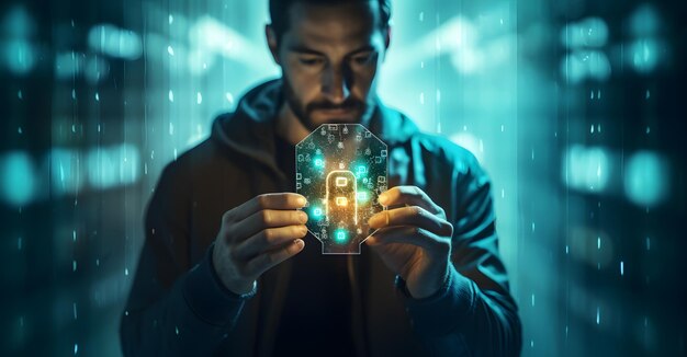 Photo homme avec un cadenas sur un étiquette dans la luminescence du lieu de travail moderne