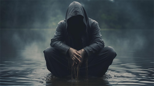 Un homme avec une cagoule et une cagoule est assis dans l'eau, la tête dans l'eau.