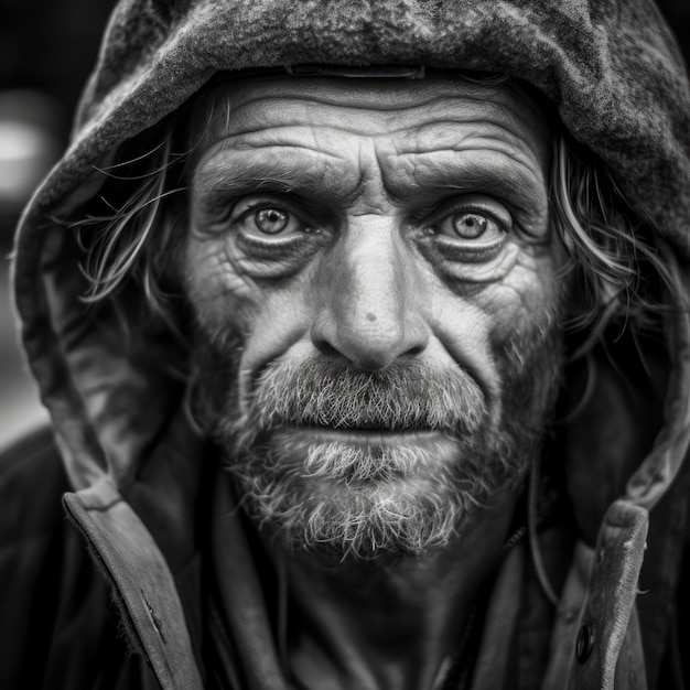 Un homme avec une cagoule qui dit "sans-abri" dessus