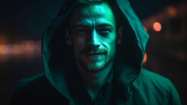 Un homme avec une cagoule verte se tient dans une pièce sombre avec une lumière rouge derrière lui.