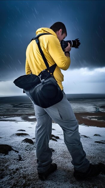 Photo un homme avec une caméra sur son épaule se tient dans la neige.