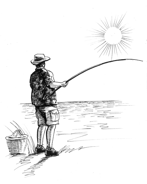 Homme avec canne à pêche sur la rive du fleuve. Dessin noir et blanc à l'encre