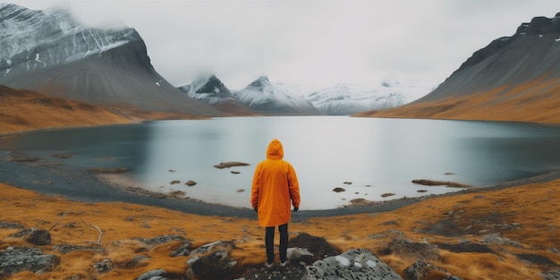 L'homme cape lac voyage d'eau de retour à la nature randonnée jaune paysage montagne IA générative