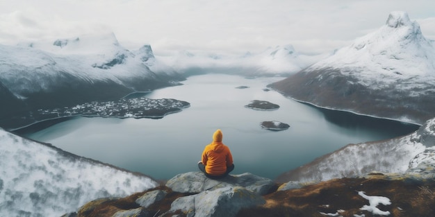 Homme cape voyage en montagne dos jaune assis lac randonnée nature de l'eau IA générative