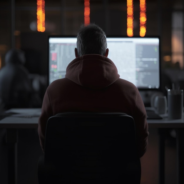 Homme en capuche assis au bureau devant un grand moniteur Développeur travaillant sur ordinateur Vue arrière