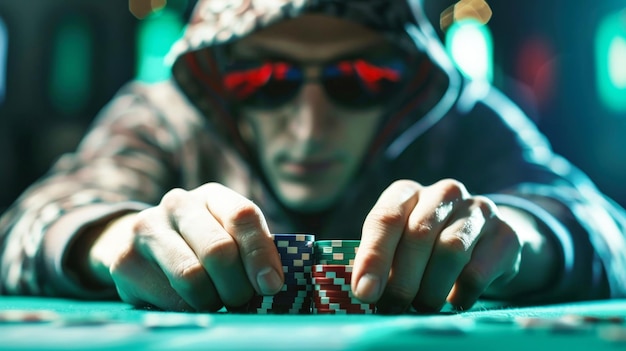 Un homme en capuche joue au poker