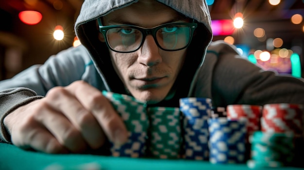 Un homme à capuche et à lunettes joue au poker.