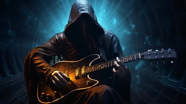 Un homme à capuche avec des parties cybernétiques jouant de la guitare