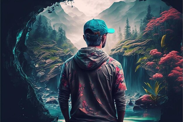 un homme avec une capuche se tient devant une cascade et regarde dans une cascade.