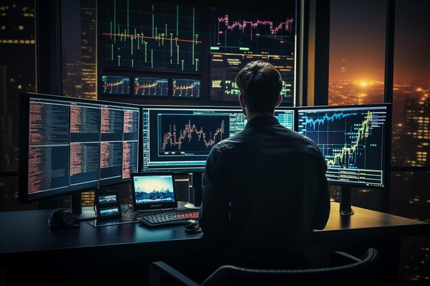 Homme avec casque analysant des graphiques sur ordinateur et négociant pendant le travail au bureau de la bourse