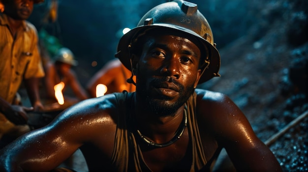 Un homme avec un casque assis dans une grotte