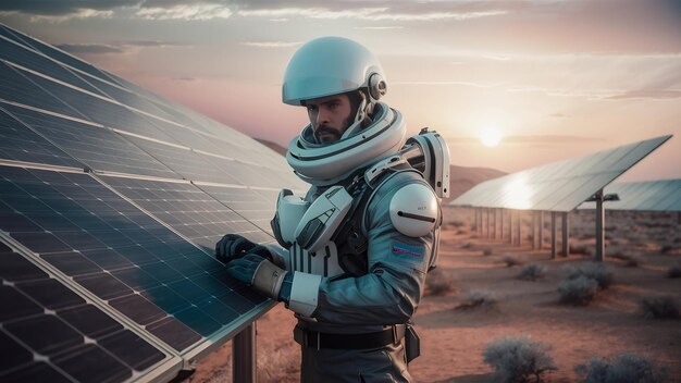 Un homme avec un casque blanc près d'un panneau solaire