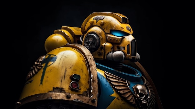 Un homme avec un casque bleu et jaune avec le mot guerre dessus.