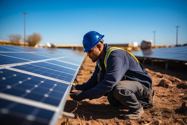 Un homme avec un casque et un casque travaillant sur un panneau solaire IA générative