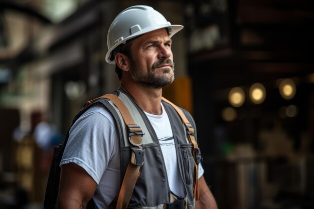 Homme avec un casque engagé dans des travaux de construction Architecte ouvrier Assistant ouvrier Environnement de construction