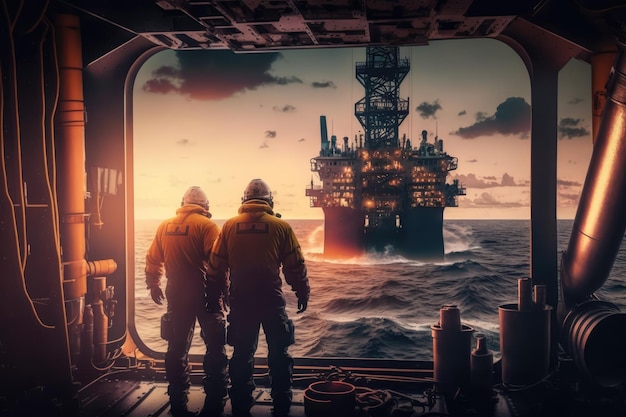 Un homme avec un casque et un homme dans un bateau regardant une grande plate-forme pétrolière.