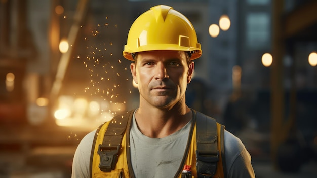 Photo un homme avec un casque jaune sur le chantier de construction