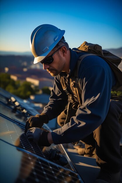 Homme avec casque et lunettes de soleil travaillant sur le toit IA générative