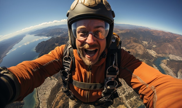 Un homme avec un casque et des lunettes volant dans les airs