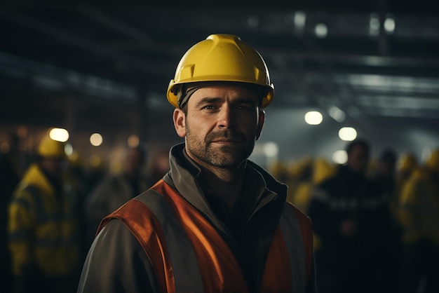 Un homme avec un casque de protection jaune au premier plan