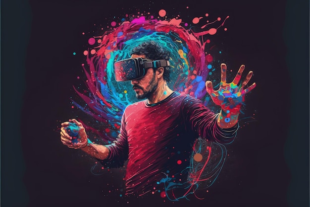 Un homme avec un casque de réalité virtuelle interagissant avec une particule de lui-même Concept fantastique Peinture d'illustration AI générative