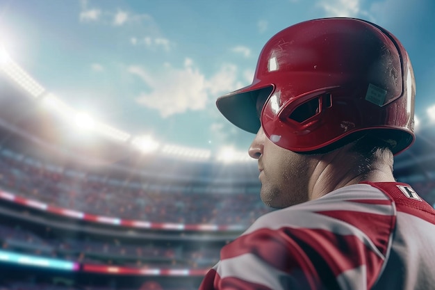 un homme en casque rouge se tient dans un stade avec le soleil brillant sur son visage