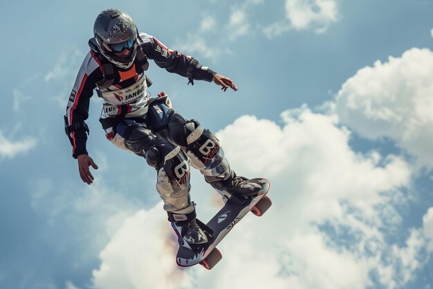 Photo un homme en casque saute sur une planche à roulettes